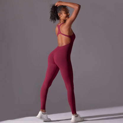 Hamidou nahtloser Yoga-Bodysuit für Frauen, burgunderrot, rückenfrei, schmaler Schnitt