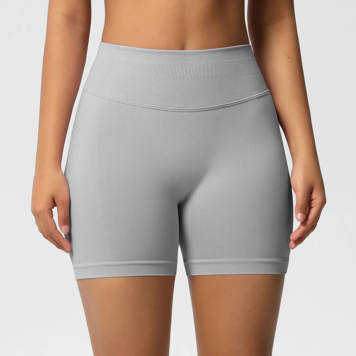 Damen-Yoga-Shorts High-Waist, hellgrau, glatter Stoff mit breitem Bund