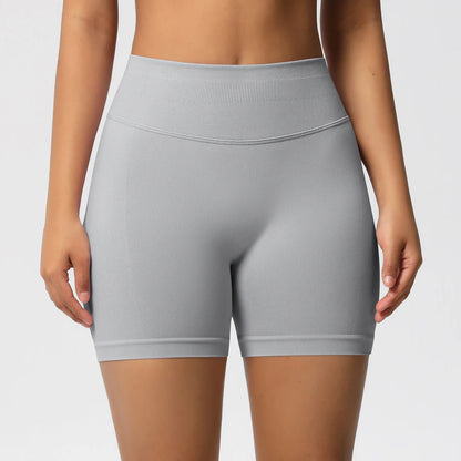 Damen-Yoga-Shorts High-Waist, hellgrau, glatter Stoff mit breitem Bund