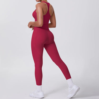 Rückenfreie Yoga-Fitnessweste und Leggings in Weinrot mit breitem Seitenband
