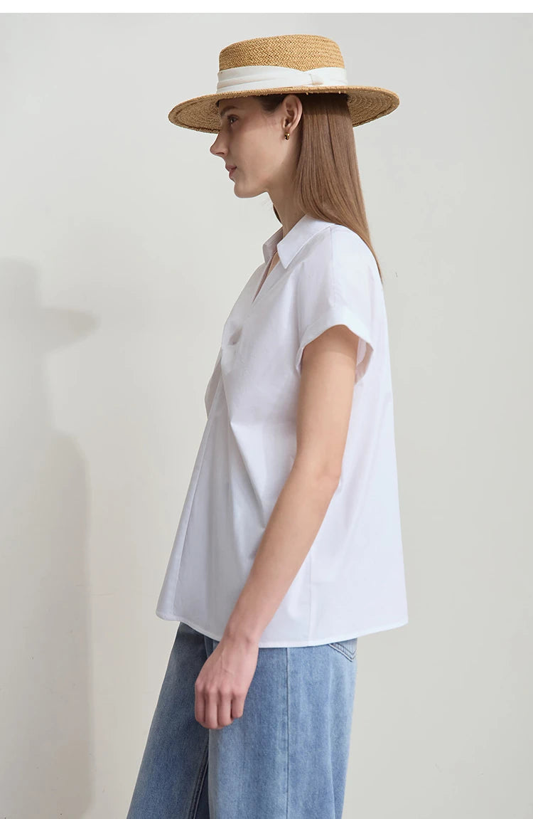 Damen Bluse im minimalistischen französischen Stil mit umlegekragen und gedrehten Falten