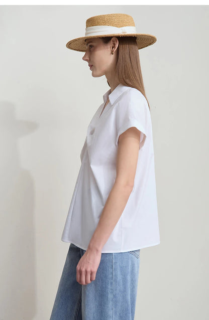 Damen Bluse im minimalistischen französischen Stil mit umlegekragen und gedrehten Falten