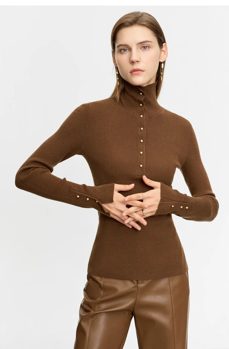 Damen-Strickjacke Rollkragen Knopfleiste Slim halboffene Front Herbst