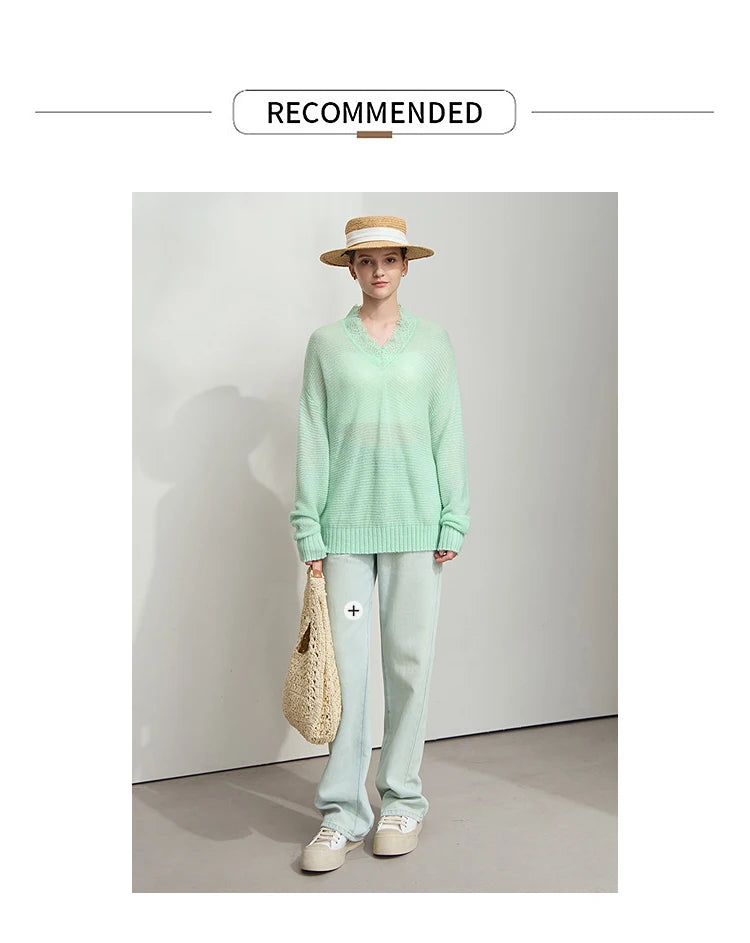 Damen V-Ausschnitt Pullover Mohair Spitze locker mittellang Frühling