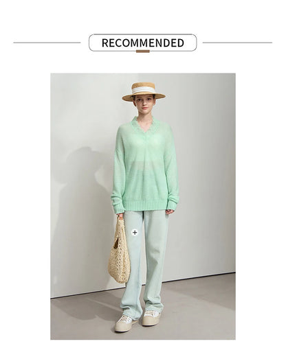 Damen V-Ausschnitt Pullover Mohair Spitze locker mittellang Frühling