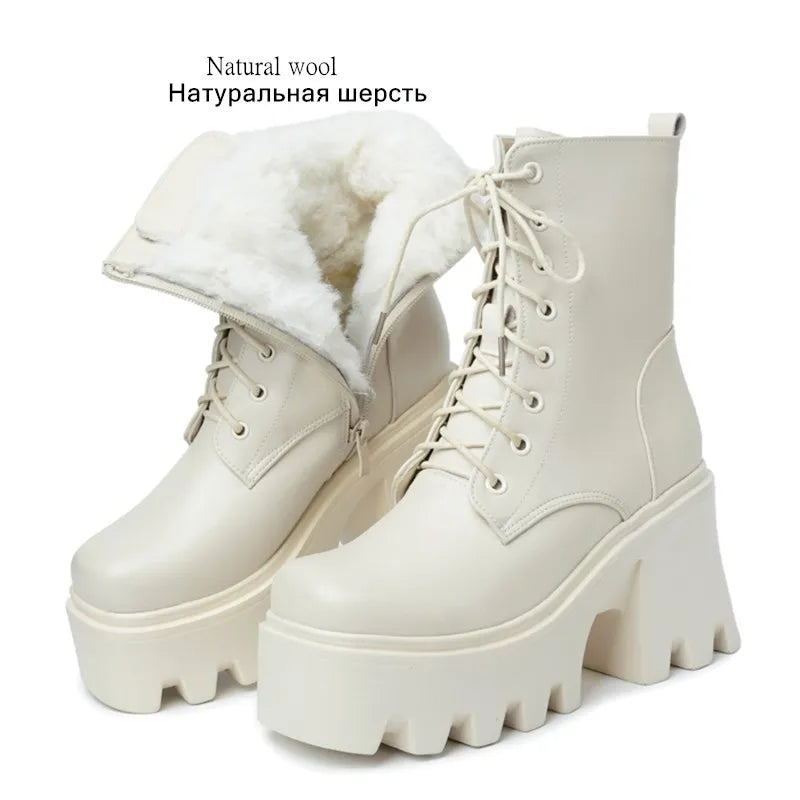 AIYUQI Damen-Stiefeletten, cremefarben, geschnürt, Plattformabsatz mit Wollfutter