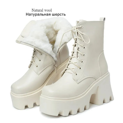 AIYUQI Damen-Stiefeletten, cremefarben, geschnürt, Plattformabsatz mit Wollfutter