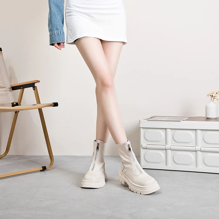 Damen Chelsea-Boots aus Leder, hellbeige, gerundete Kappe, seitlicher Reißverschluss