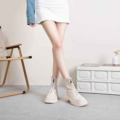 Damen Chelsea-Boots aus Leder, hellbeige, gerundete Kappe, seitlicher Reißverschluss