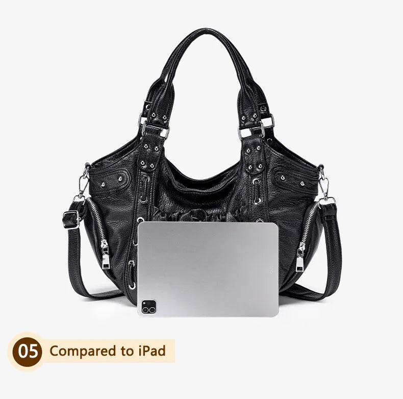 Damen-Hobo-Tasche Aus Leder Im Abgenutzten Retro-Y2K-Biker-Stil Mit Reißverschluss