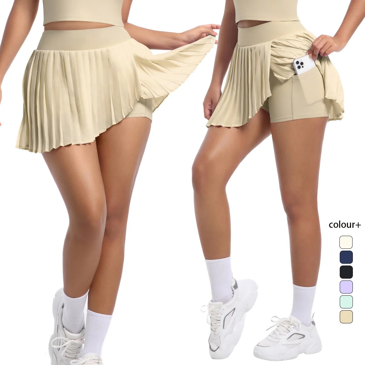 Yoga-Rock mit integrierten Shorts, hoch tailliert, plissiert, Farbe: Hellivory