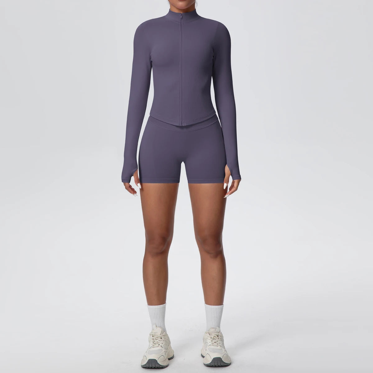 Damen-Yoga-Set mit hochtaillierter Shorts und langärmligem Zip-Top, dunkelgrauviolett