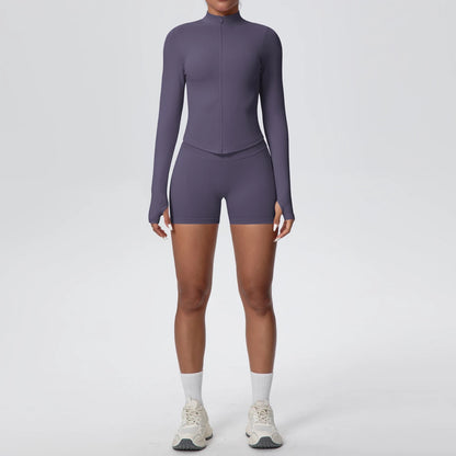Damen-Yoga-Set mit hochtaillierter Shorts und langärmligem Zip-Top, dunkelgrauviolett