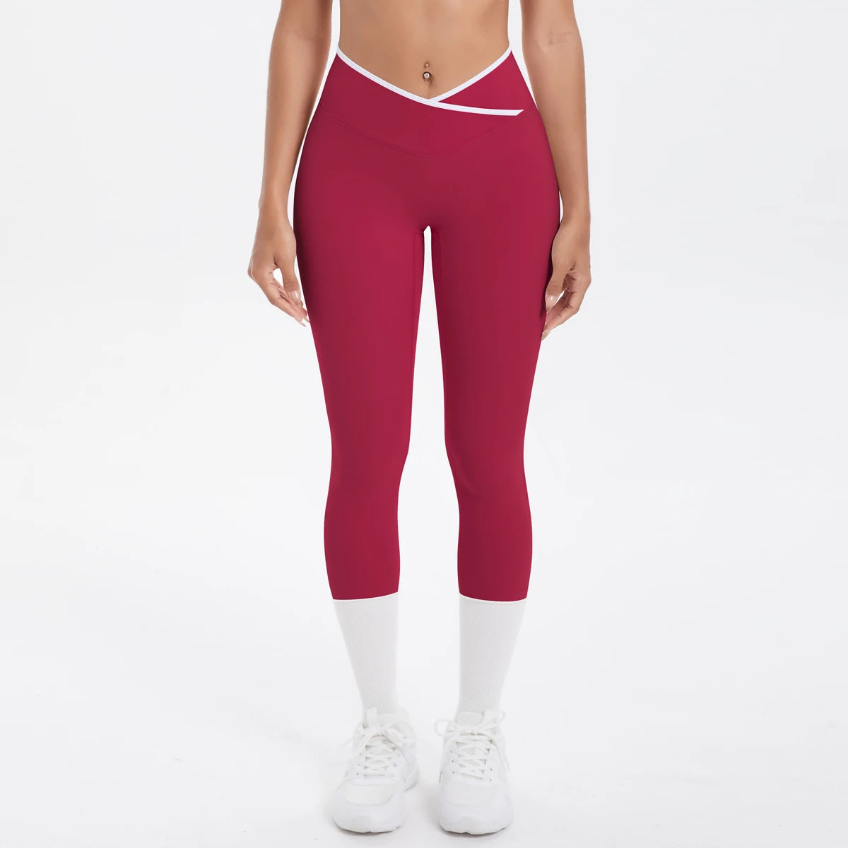 Damen Yoga-Leggings, hohe Taille, bordeauxrot mit kontrastierendem Bund, 3/4-Länge