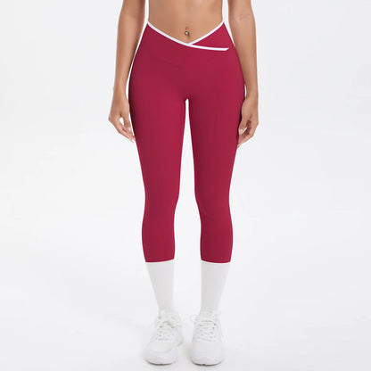 Damen Yoga-Leggings, hohe Taille, bordeauxrot mit kontrastierendem Bund, 3/4-Länge