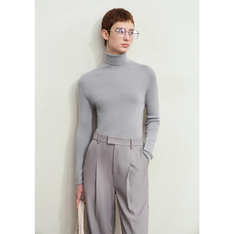 Damen-Rollkragenpullover 100 % Wolle Kammgarn schlank Winter