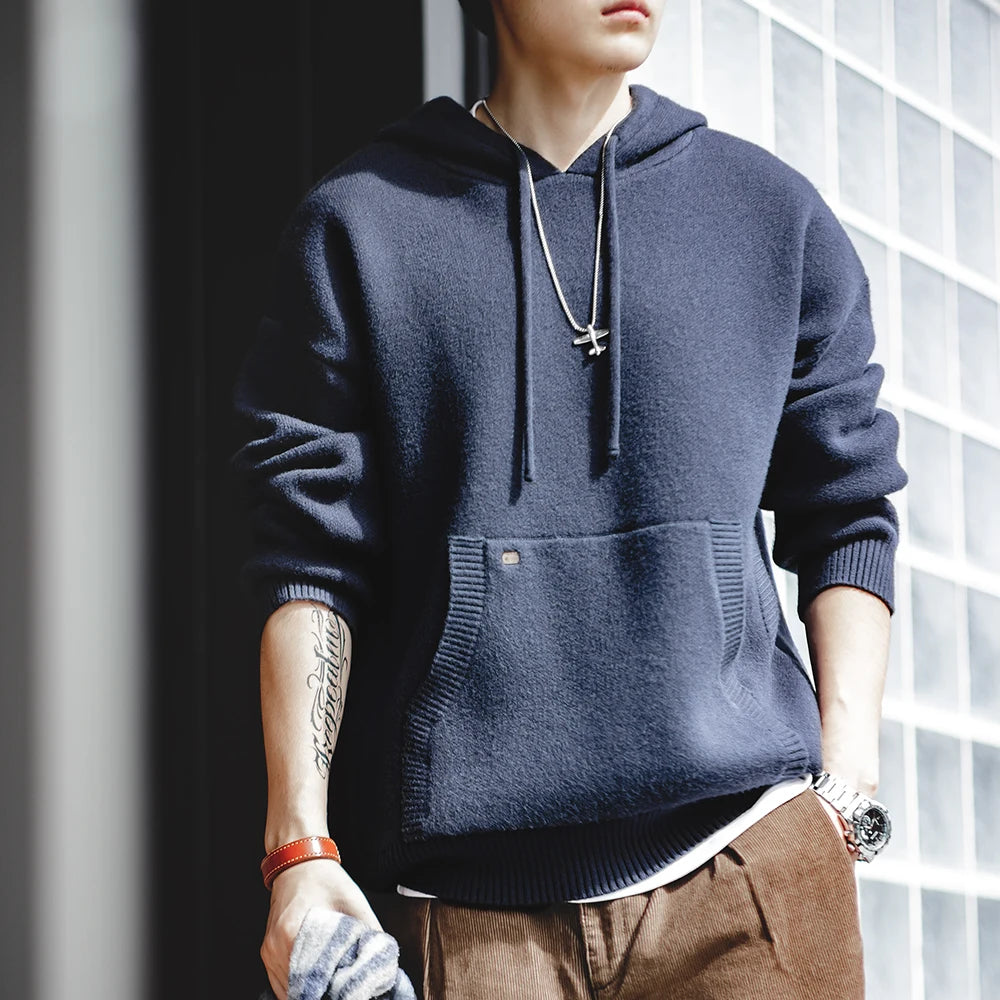Herren Hoodie aus marineblauem Strick mit lässiger Kapuze für Outwear