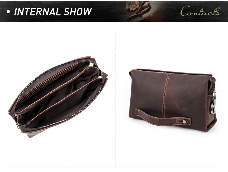 Geöffnete braune Herren-Leder-Clutch mit Reißverschlussfach und Innensteckfächern.