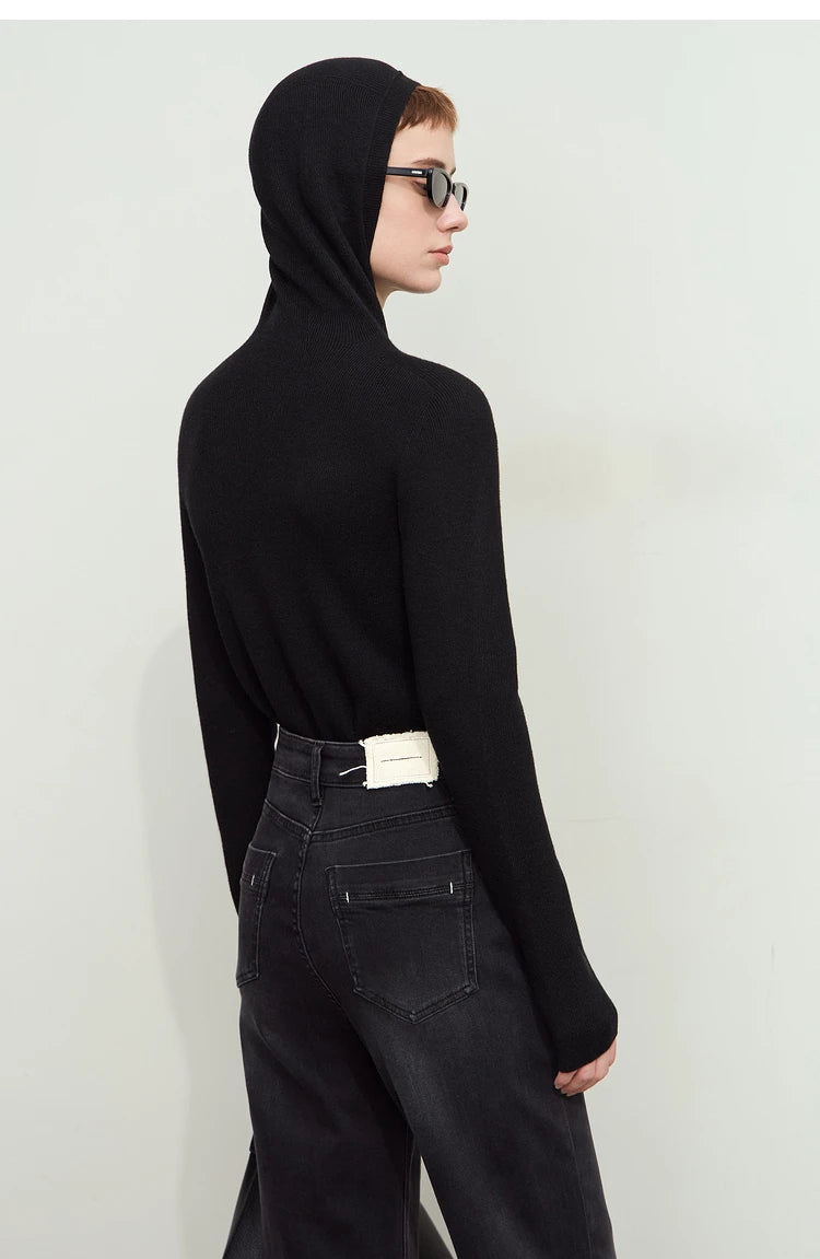 Damen-Kapuzenpullover Wolle-Polyester nahtlos gerade einfarbig Herbst