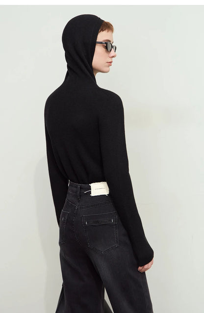 Damen-Kapuzenpullover Wolle-Polyester nahtlos gerade einfarbig Herbst