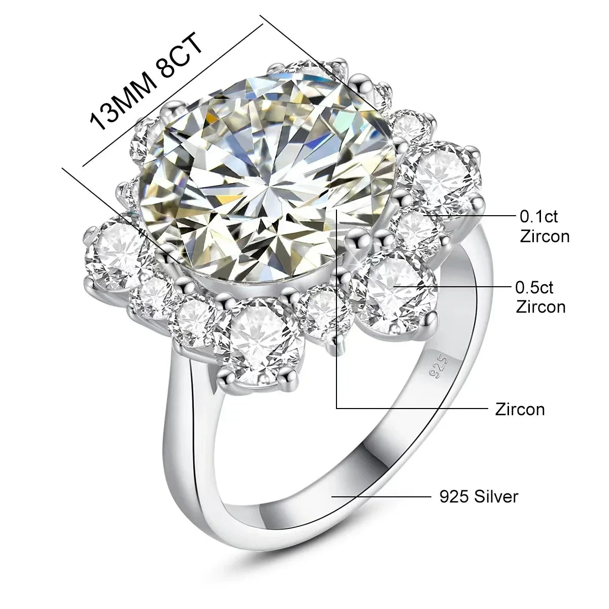 Damen-Ring Moissanit 8ct Rundschliff 13mm Zertifiziert für Verlobung oder Hochzeit