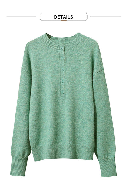 Damenpullover Grün im Stricklook mit Knopfleiste am Rundhalsausschnitt, Langarm