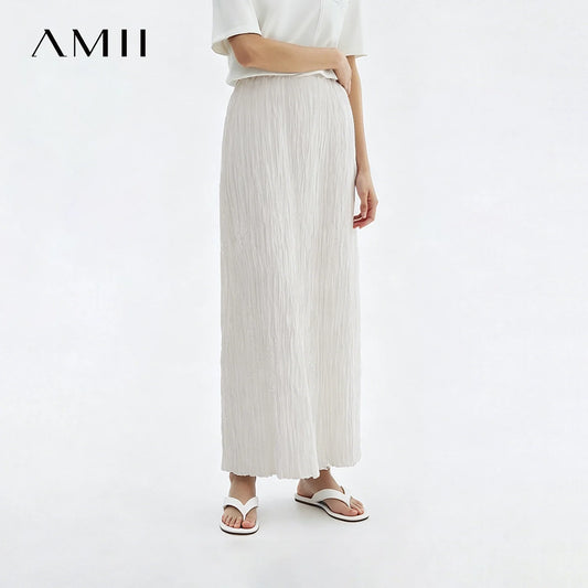 Leichter plissierter Damenrock mit elastischem Bund, hellbeige, lang und knitteroptik