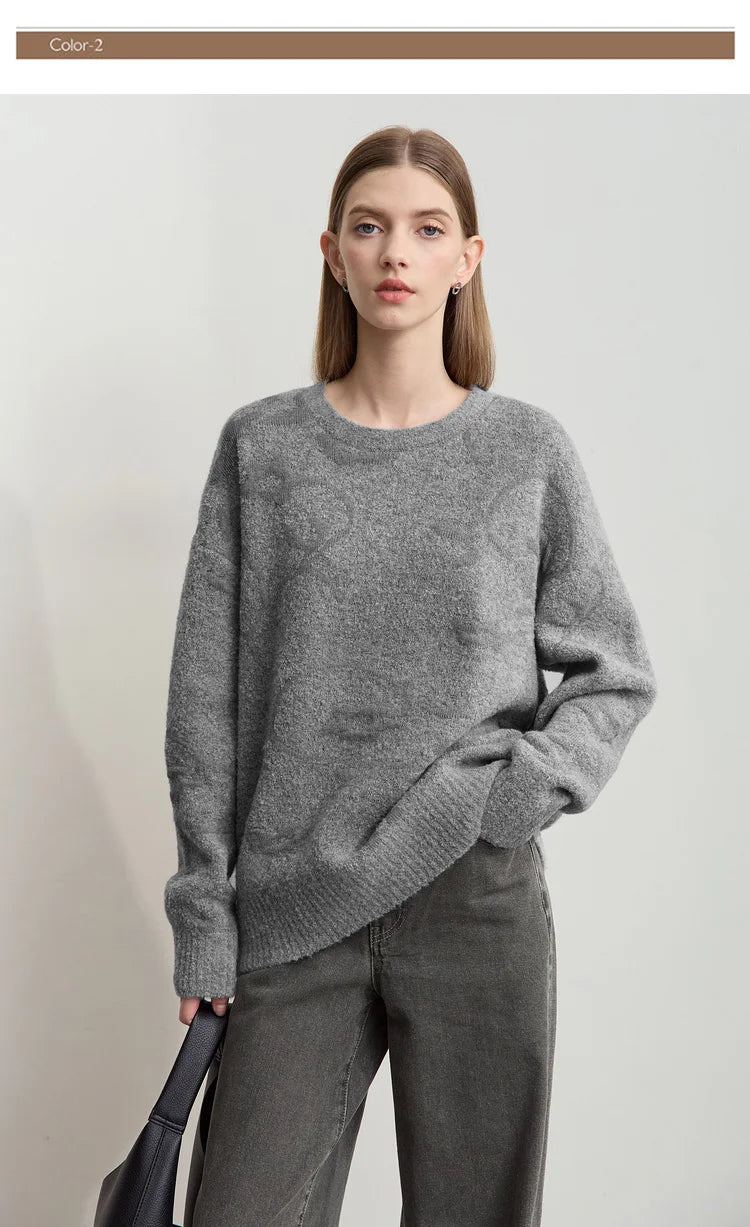 Grauer Damenpullover mit O-Ausschnitt aus Jacquard-Strick, lange Ärmel, lockere Passform