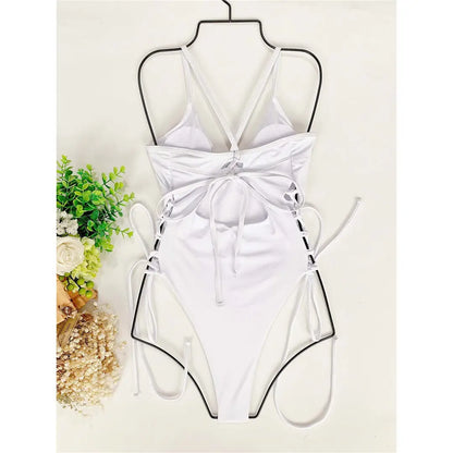 Damen Badeanzug Schnürung Bügel rückenfrei Monokini hoher Beinausschnitt B