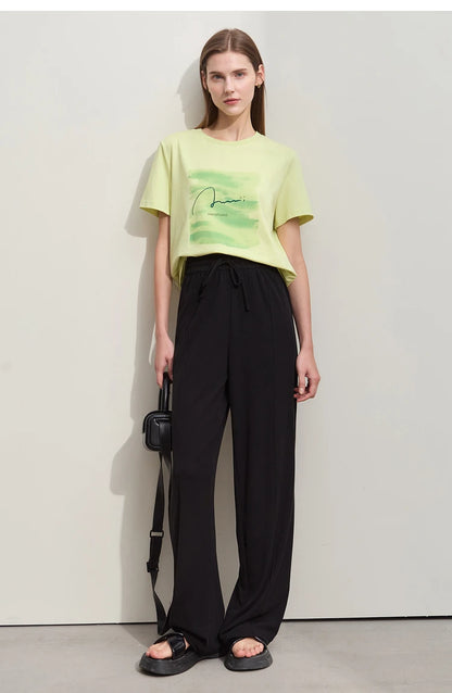 Damen T-Shirts im lässigen Minimalismus-Stil mit O-Ausschnitt und Stickerei