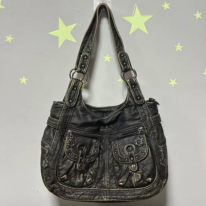 Damen-Schultertasche aus PU Bronze Retro-Stil mit Topgriff und Smartphonefach große Kapazität