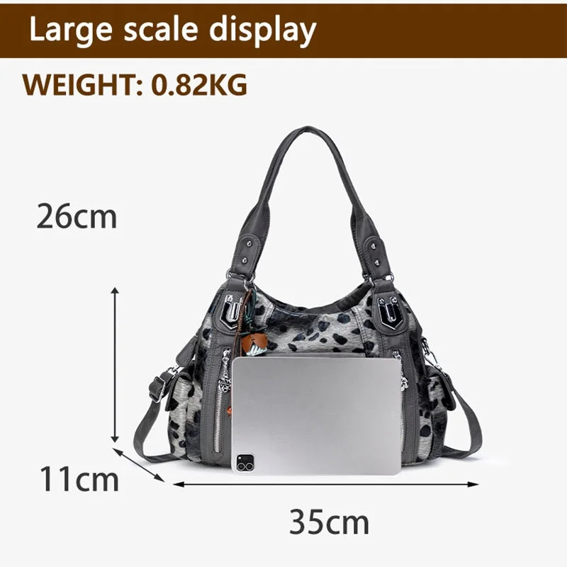 Damen-Hobo-Tasche aus gewaschenem Leder mit grau-Leoparden-Print und mehreren Fächern und viel Stauraum