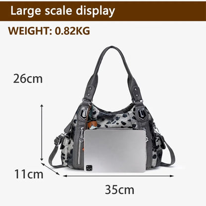 Damen-Hobo-Tasche aus gewaschenem Leder mit grau-Leoparden-Print und mehreren Fächern und viel Stauraum