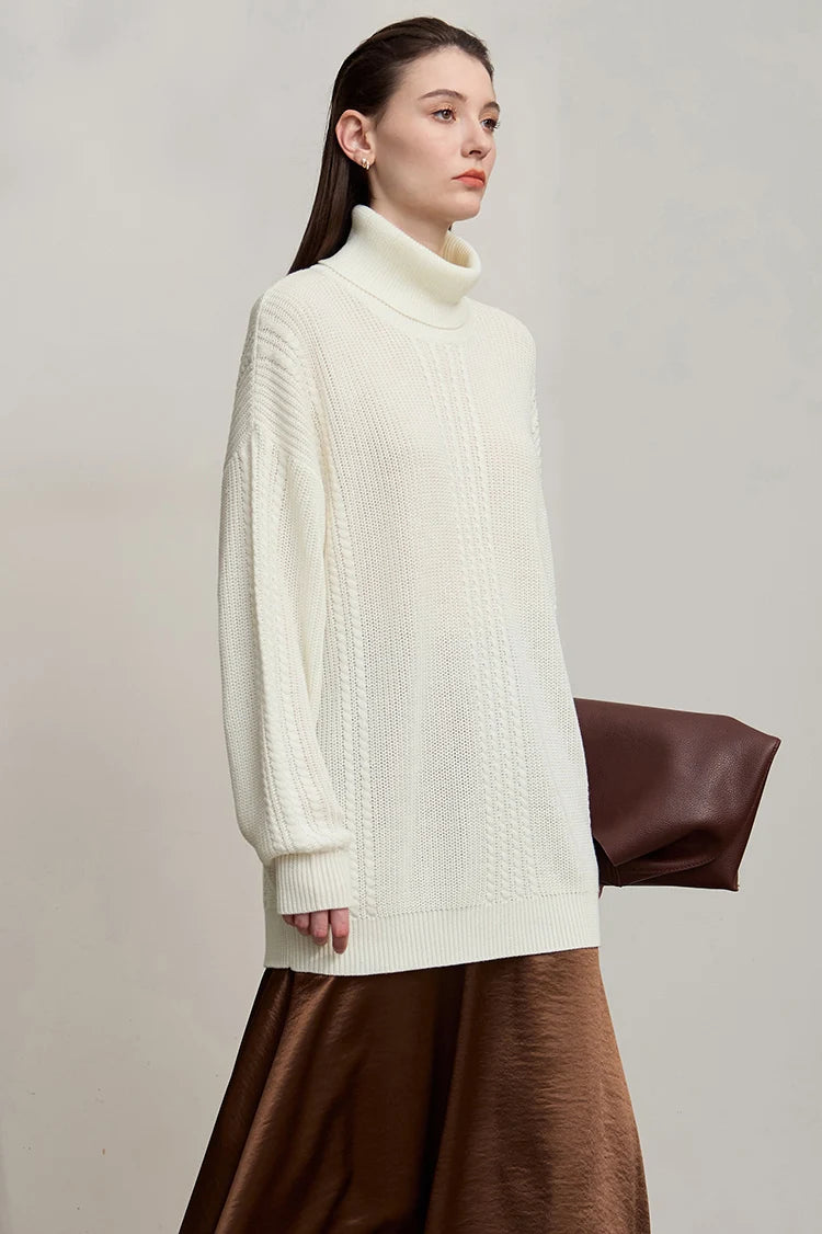 Damen-Rollkragenpullover Wolle lang locker Retro Winter