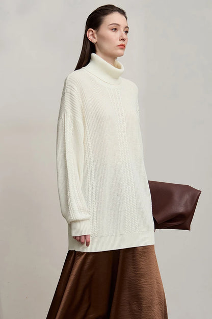 Damen-Rollkragenpullover Wolle lang locker Retro Winter