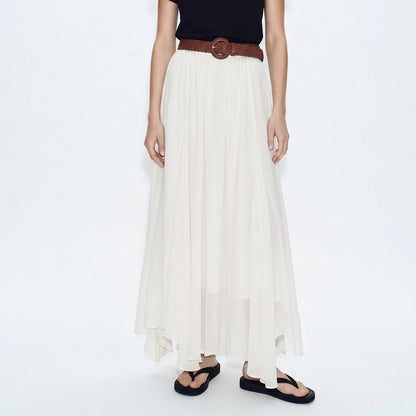 Chiffonrock für Damen Offwhite mit elastischer Taille und braunem Gürtel mit runder Schnalle