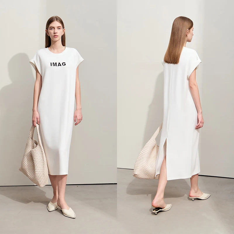 Damen Kleid für Sommer neue lässige O-Ausschnitt Kurzarm Midi gerade Perlen Stickerei Kleid Dame