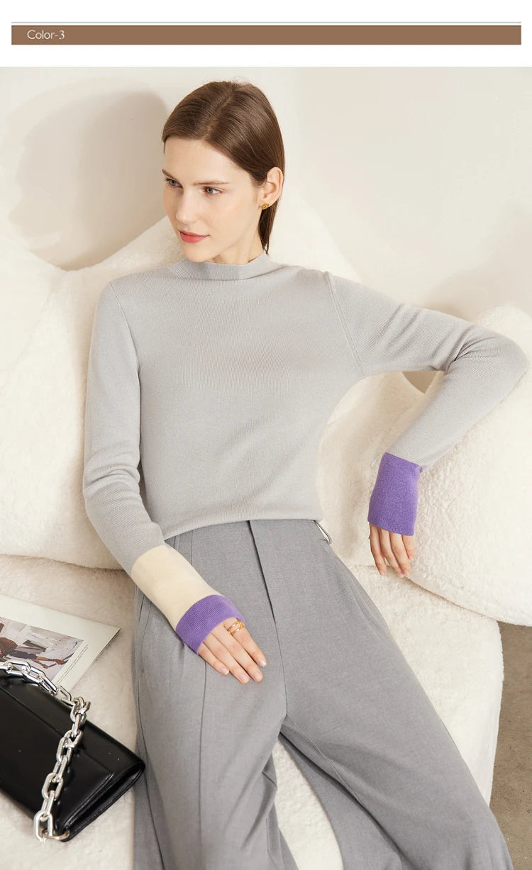 Damen-Halbrollkragen-Pullover Slim Farbkontrast Wolle-Mix Winter