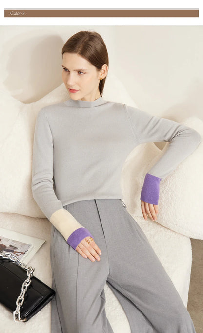 Damen-Halbrollkragen-Pullover Slim Farbkontrast Wolle-Mix Winter