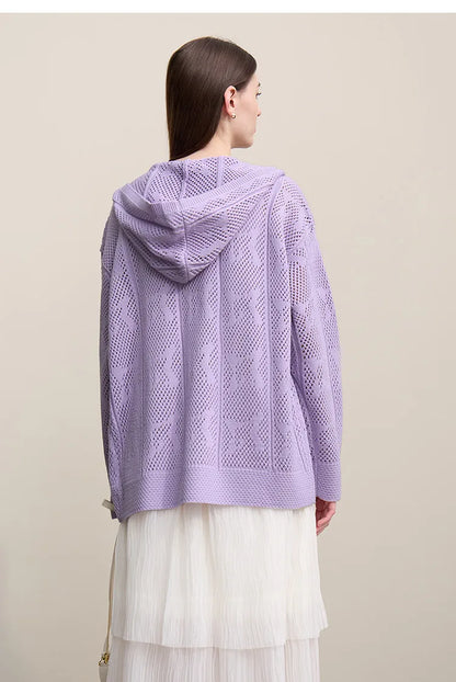 Damen-Strickjacke Kapuze Jacquard Hohlstrick Doppelreißverschluss locker Frühling