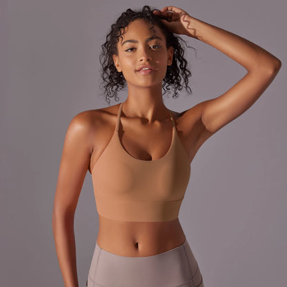 Sport-Bustier mit schmalen Trägern, beiger Farbton und U-Ausschnitt