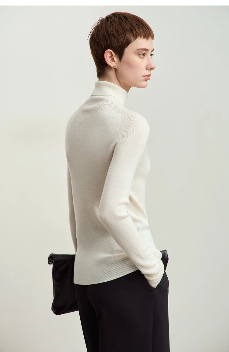 Damen-Rollkragenpullover 100 % Wolle Kammgarn schlank Winter