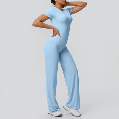 Damen Yoga-Set: kurzärmeliges Slim-Top und weite Laufhose, hellblau