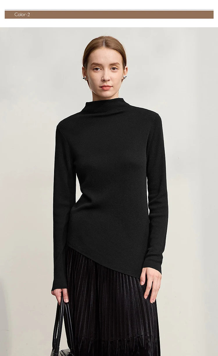 Amii-Pullover in Schwarz mit Halb-Rollkragen, langärmlig, asymmetrischer Saum