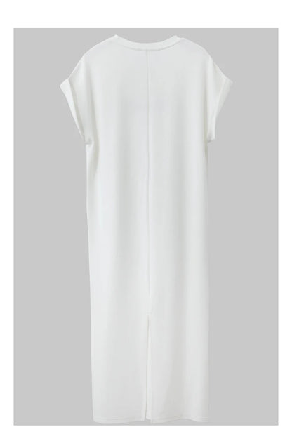 Damen Kleid für Sommer neue lässige O-Ausschnitt Kurzarm Midi gerade Perlen Stickerei Kleid Dame