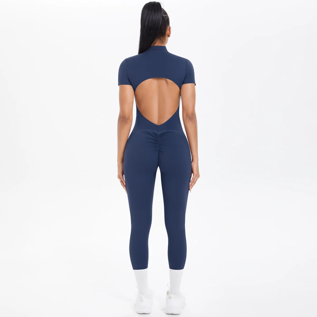 Rückenansicht: Kurzarm-Bodysuit mit großem Rücken-Ausschnitt, dunkles Marineblau