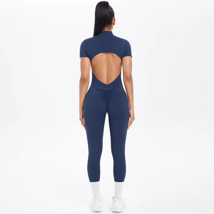 Rückenansicht: Kurzarm-Bodysuit mit großem Rücken-Ausschnitt, dunkles Marineblau