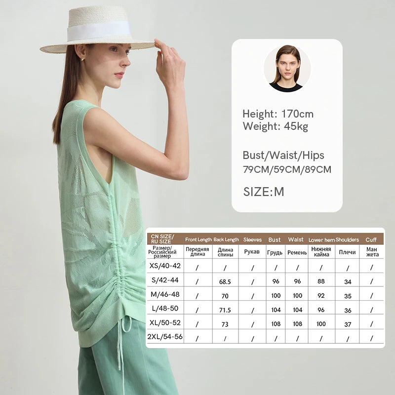 Ärmelloses Stricktop, mintgrün, O-Ausschnitt, seitlich gebunden, lang geschnitten