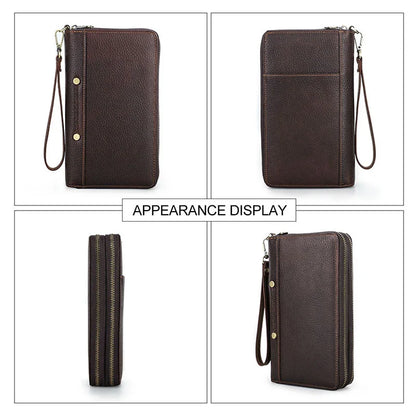 Braune Herren-Clutch aus Leder mit Reißverschluss, seitlicher Handschlaufe und Frontdetails