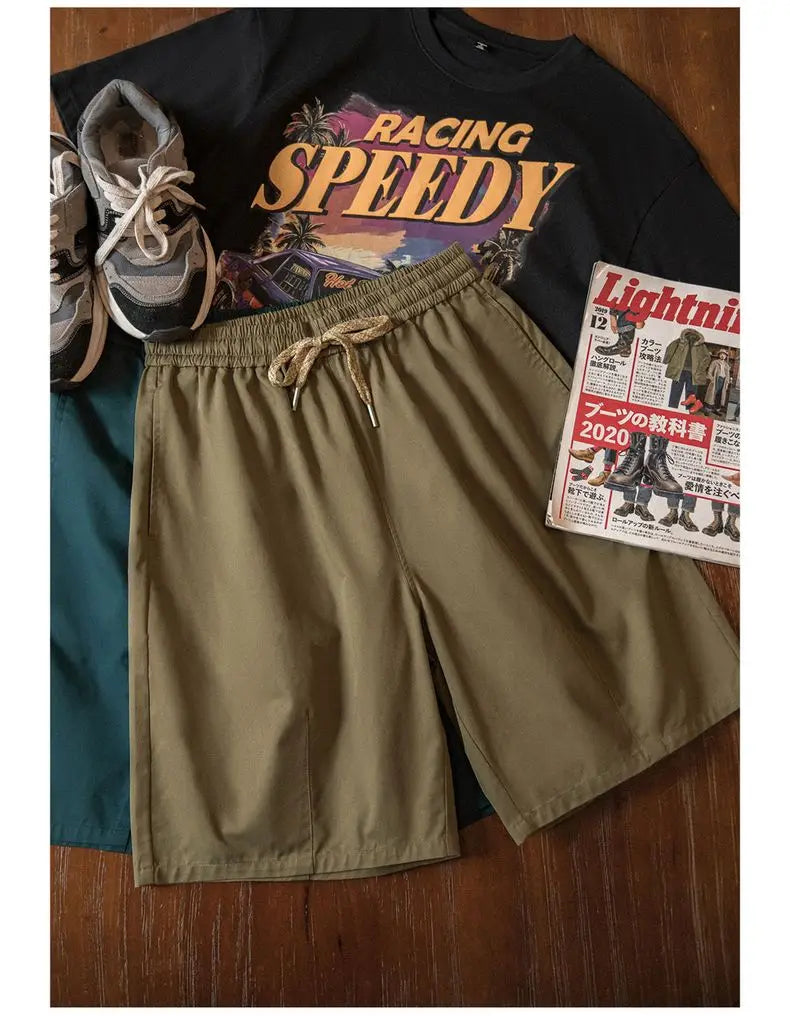 Herren Vintage Shorts in Khaki mit geradem Bein und Kordelzug